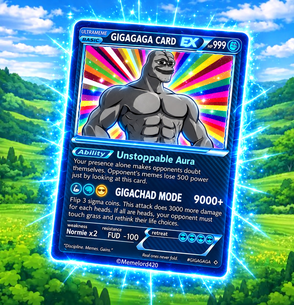 GIGAGAGA: a grey muscular smiling character in a glowing blue trading card with rainbow rays